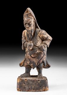 Chinese Qing Dynasty Wood Prayer Figure w/ Paper
