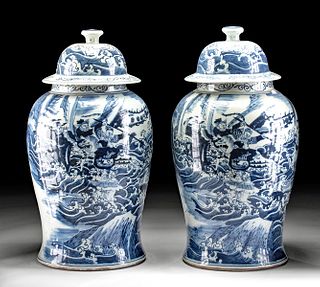 Pair of 18th C. Chinese Porcelain Urns w/ Sea Battle