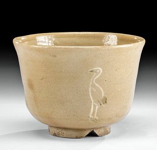 Early 19th C. Japanese Edo Isawa Ceramic Bowl w/ Cranes