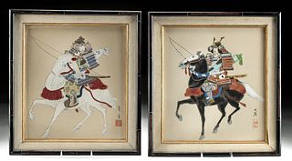 2 Vintage Japanese Meiji Samurai on Horses Paintings