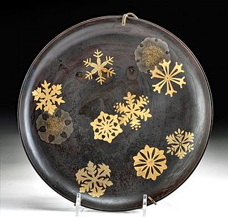 Japanese Meiji Lacquered Wood Dish w/ Maki-e Snowflakes