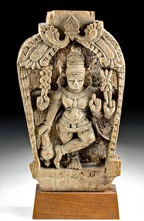 19th C. Indian Wood Panel of Vishnu w/ Torana Arch