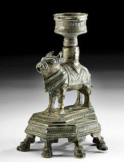 Late 19th C. Indian White Brass Candle Holder w/ Nandi