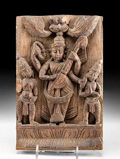 19th C. Tibetan Wood Panel - Saraswati & Devotees
