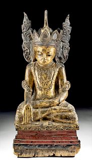 19th C. Thai Gilt Wood Crowned Buddha