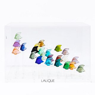 LALIQUE ART GLASS AQUARIUM, 24 COLORED FISH IN BOX