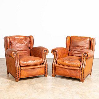 PAIR, FRENCH ART DECO BROWN LEATHER CLUB CHAIRS
