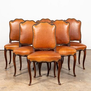 SET, SIX LOUIS XV STYLE BROWN LEATHER SIDE CHAIRS