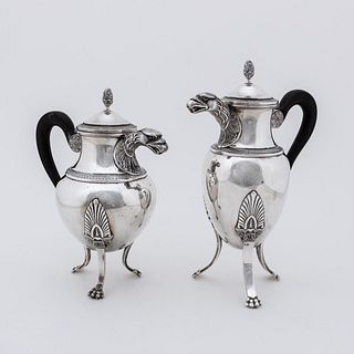 19TH C. FRENCH SILVER EMPIRE TEA AND COFFEE POTS