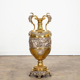 L. 19TH C. SILVER & GOLD PLATE ON COPPER URN