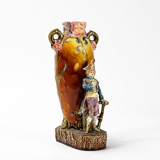 CONTINENTAL MAJOLICA VASE WITH STANDING FIGURE