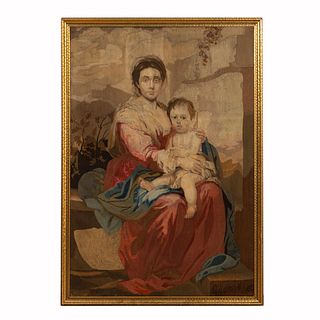 19TH C. VIRGIN AND CHILD FRAMED TAPESTRY