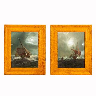 PAIR, CONTINENTAL SEASCAPE OIL PAINTINGS ON PANEL