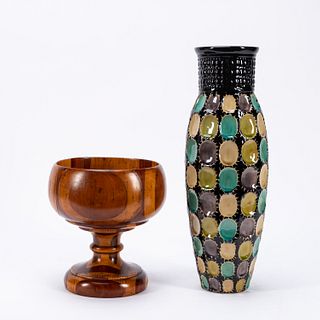 20TH C. WOODEN TAZZA AND GEOMETRIC POTTERY VASE