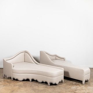PAIR, LARGE LIGHT GRAY UPHOLSTERED CHAISE LOUNGES