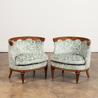 PAIR, WALNUT & UPHOLSTERED LOUNGE CHAIRS