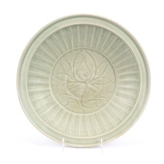 CHINESE CELADON GLAZED FLORAL CHARGER
