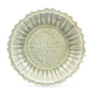 CHINESE CELADON GLAZED FLORAL SHALLOW BOWL