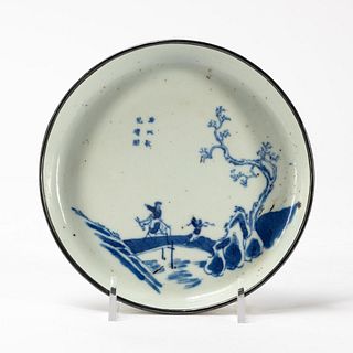 CHINESE BLUE & WHITE SAUCER WITH LANDSCAPE SCENE