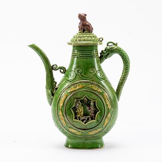 CHINESE GREEN GLAZED WINE EWER WITH DRAGON HANDLE