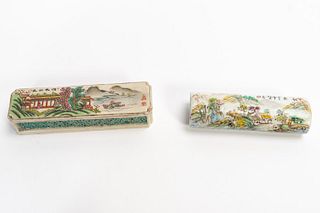 TWO CHINESE PORCELAIN LANDSCAPE BRUSH RESTS