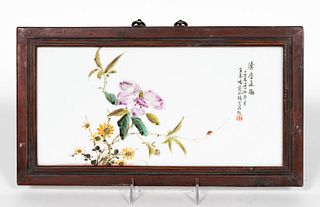 CHINESE PORCELAIN PLAQUE FLORAL AND LADYBUG