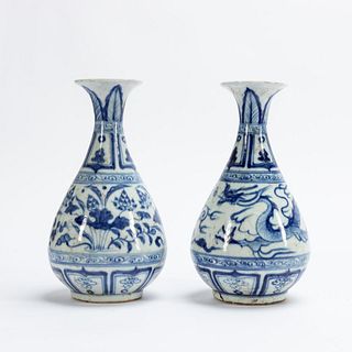 TWO BLUE & WHITE MATCHED PAIR PORCELAIN VASES