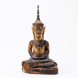 SOUTHEAST ASIAN GILTWOOD CROWNED BUDDHA SCULPTURE