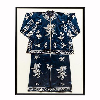 CHINESE, FRAMED BLUE EMBROIDERY SILK ROBE & PANTS