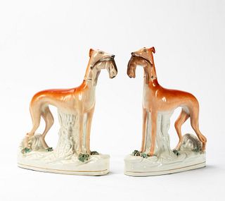 PAIR STAFFORDSHIRE WHIPPETS WITH RABBITS