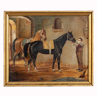 EQUESTRIAN PAINTING, HORSES & GROOM, OIL ON CANVAS
