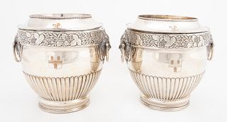 PAIR ENGLISH SHEFFIELD PLATE ARMORIAL WINE COOLERS