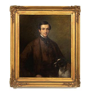 PORTRAIT OF SPORTSMAN AND HIS DOG, GILTWOOD FRAME
