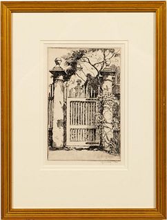 ALFRED HUTTY ETCHING, CHARLESTON GARDEN GATE, 1924