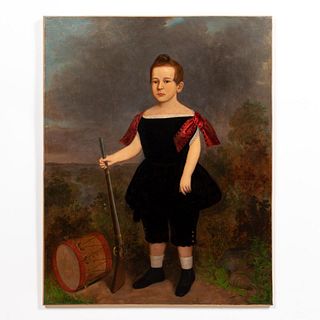 PORTRAIT OF CHILD WITH RIFLE & DRUM, OIL ON CANVAS