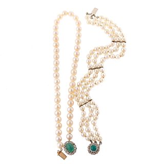 An Emerald, Diamond & Pearl Necklace & Bracelet