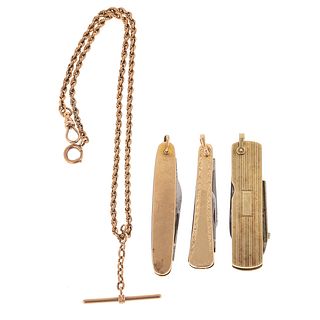 A Collection of Gold Pocketknives & Watch Chain
