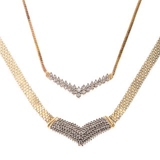 A Pair of "V" Style Diamond Necklaces in 10K