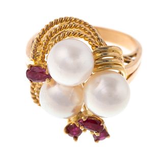 A Cultured Pearl & Ruby Ring in 14K