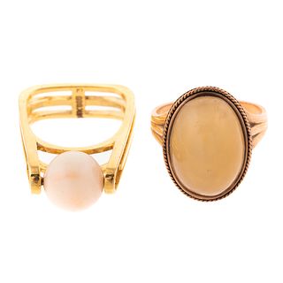 A Yellow Jade & Angel Skin Coral Ring in 14K