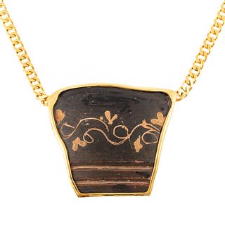 An Ancient Pottery Pendant & Chain in 18K