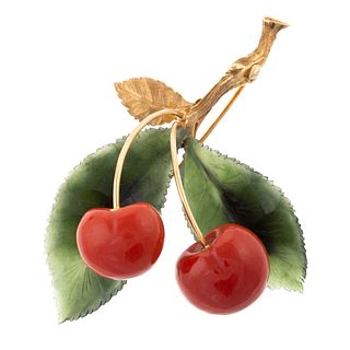 A Realistic Coral and Nephrite Cherry Brooch
