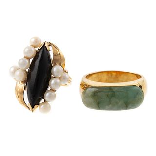 A 14K Jade Ring & 14K Black Onyx & Pearl Ring