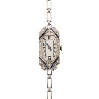 An Art Deco Diamond & Sapphire Watch in Platinum