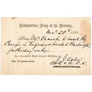 1861 Civil War JOHN JACOB ASTOR Signed Union Army Military Pass Rarity