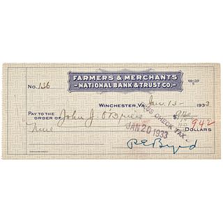 1933 RICHARD E. BYRD Polar Explorer Signed Check 