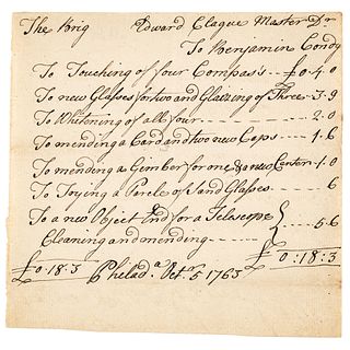 1763 BENJAMIN CONDY Philadelphia Navigational Instrument Maker Ships Invoice