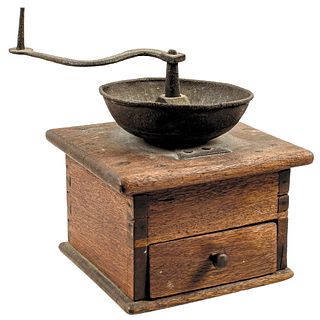 c. 1760 Authentic Colonial Period Hand-crank Wood and Iron Coffee Grinder