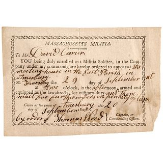 September 20, 1808 Federal Period Massachusetts Militia Muster Appearance Order