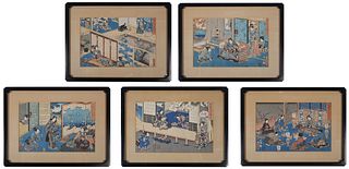 (5) KUNISADA, Woodblock Prints, Geisha & Samurai